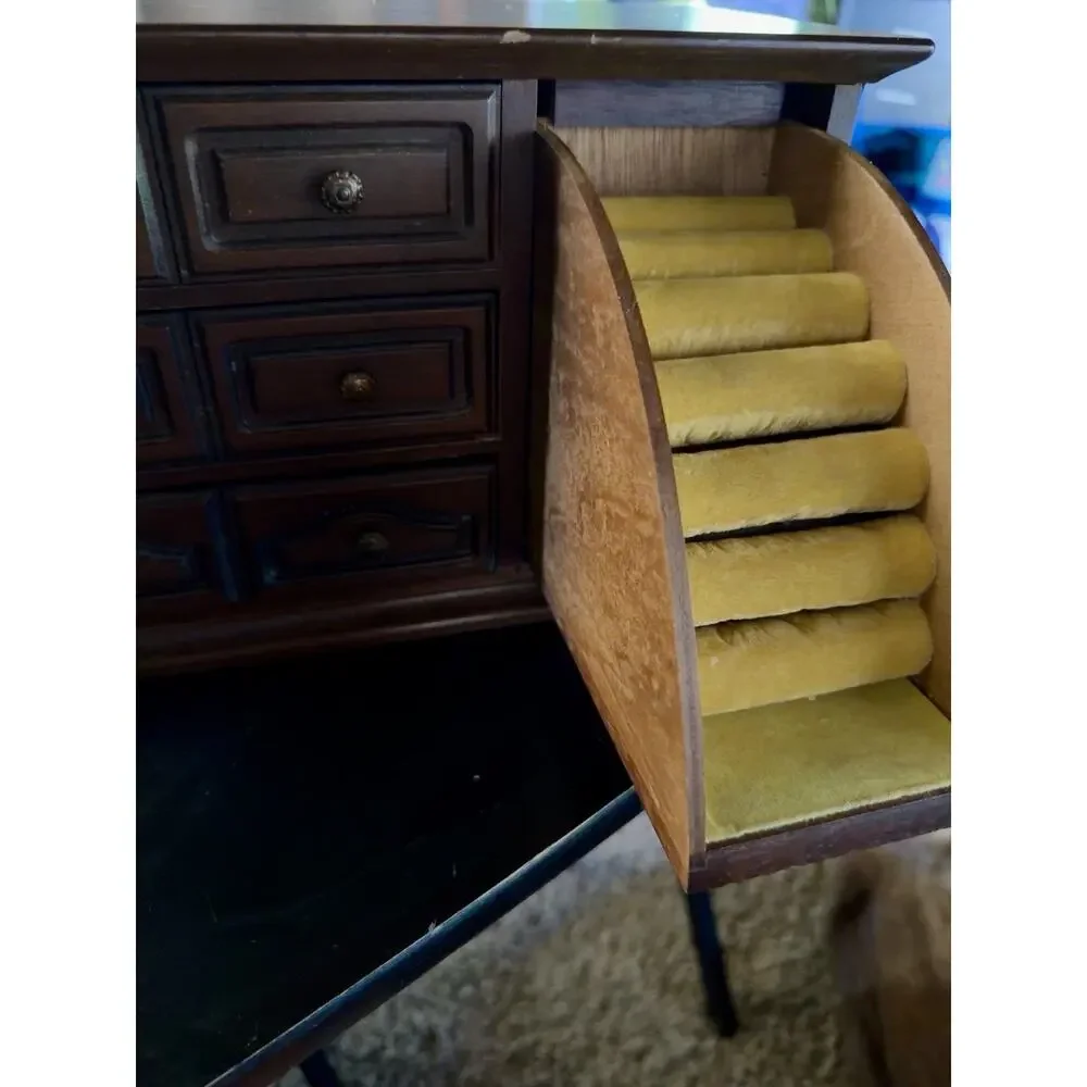 Vintage Wooden Jewelry Armoire Box 3 Drawer Ring Organizer Cabinet Walnut. Japan